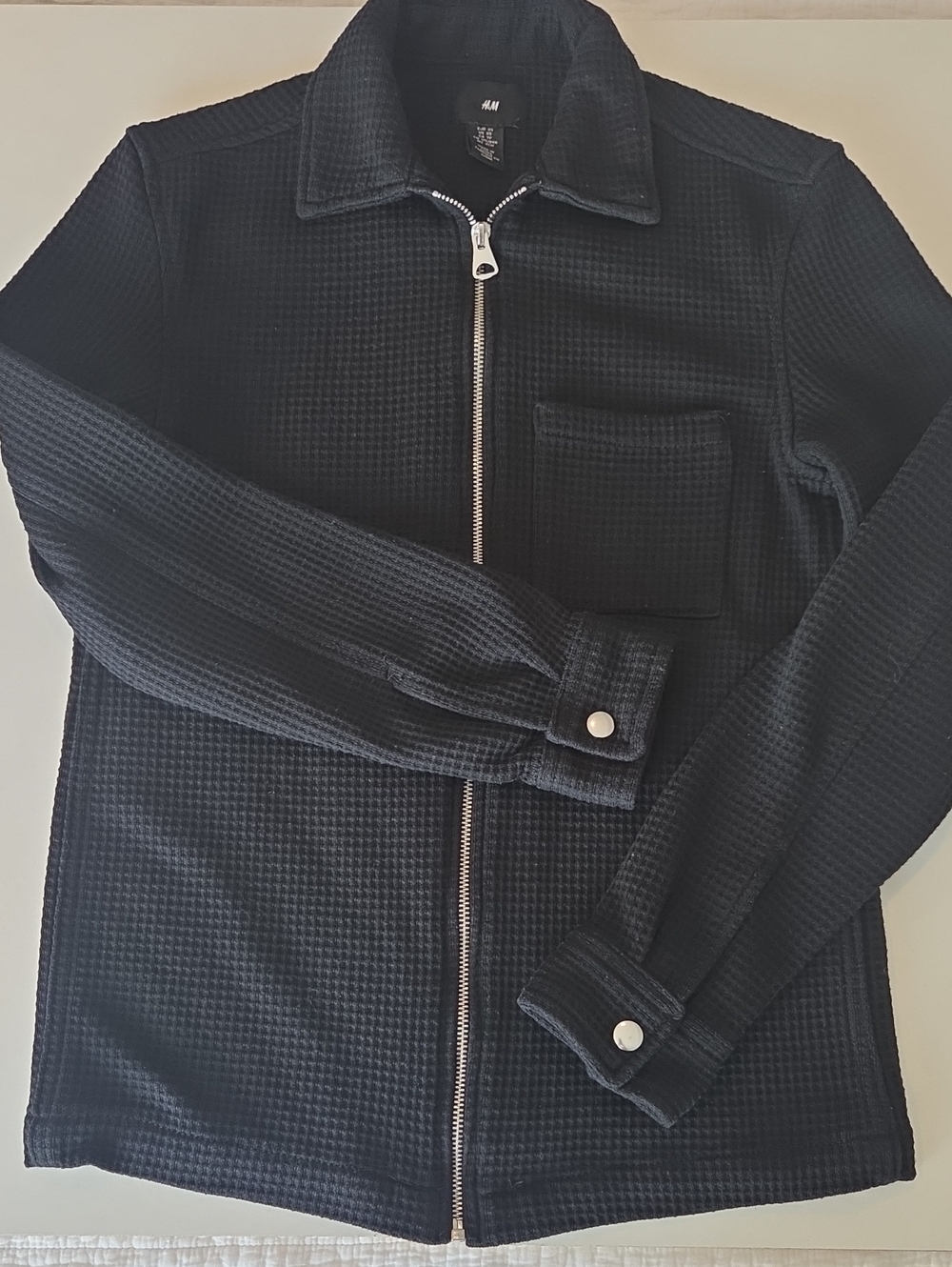 Mens Shacket XS H&M Black Waffle-Knit Zip Front Jacket Silver Buttons Unisex
